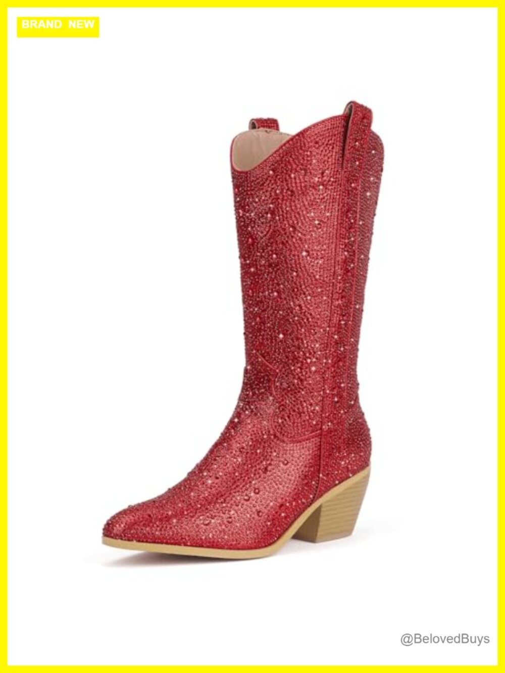IDIFU Rhinestone Mid Calf Western Cowboy Boots Pointed Toe Block Heel